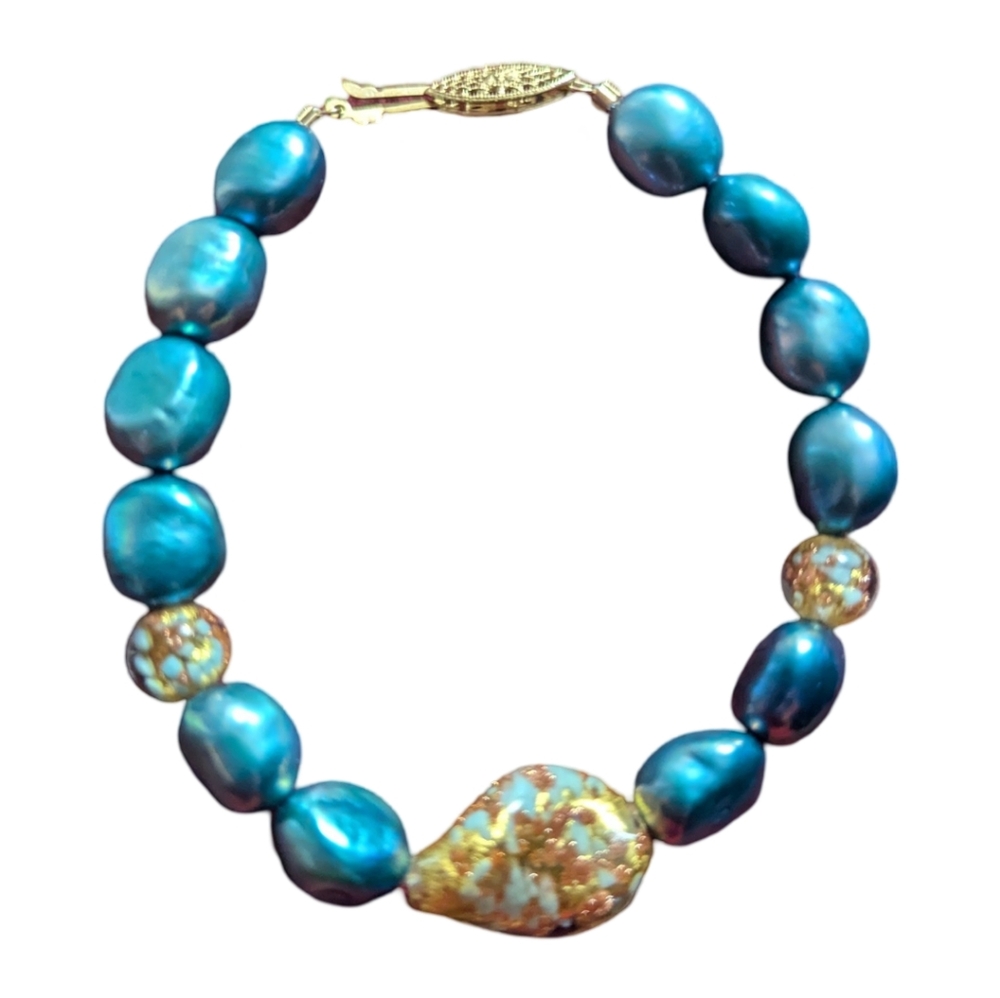 Freshwater Pearls? Bracelet with 14K Pre-Loved Beautiful! Blue & Gold